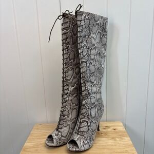 Paper Fox Womens Snakeskin Pattern Open Toe Lace Up Knee High Boots Size 11 Sexy